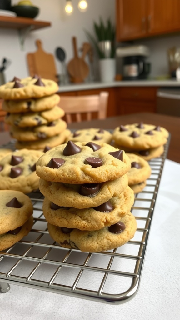 Freshly baked chocolate chip cookies cooling on a wire rack with a rustic kitchen background.